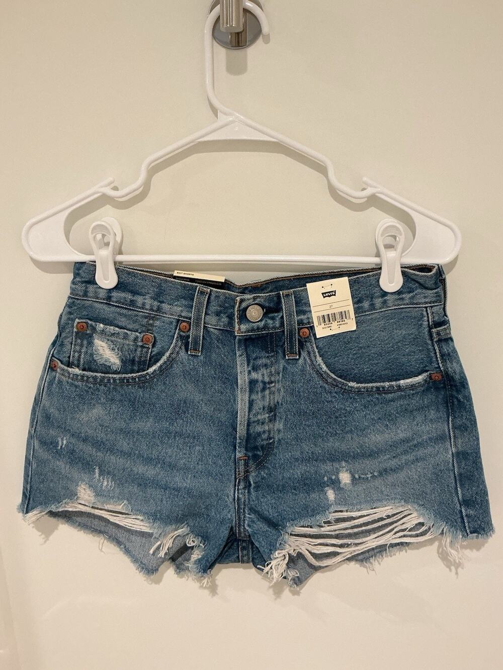 Levi's 501 Women High Rise Ripped Denim Shorts Blue Mid Wash Cut Off Size 27 NWT